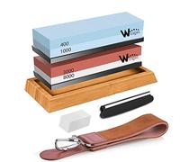 Pietra per affilare - Set di affilacoltelli professionale 400/1000 3000/8000 con base in bambù antiscivolo pietra per appiattire guida angolare cordino in pelle