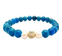 pietra preziosa naturale di apatite e perla d'acqua dolce da 6 mm | forma rotonda, pietra dal taglio liscio | 7 pollici | gemma color blu e crema | braccialetto elastico energetico | LSB_01571