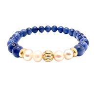 pietra preziosa naturale di cianite e perla d'acqua dolce da 6 mm | forma rotonda, pietra dal taglio liscio | 7 pollici | gemma color blu e crema | braccialetto elastico energetico | LSB_01601