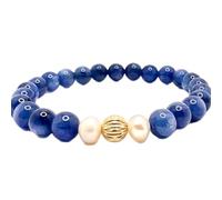 pietra preziosa naturale di cianite e perla d'acqua dolce da 6 mm | forma rotonda, pietra dal taglio liscio | 7 pollici | gemma color blu e crema | braccialetto elastico energetico | LSB_01565