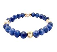 pietra preziosa naturale di cianite e perla d'acqua dolce da 6 mm | forma rotonda, pietra dal taglio liscio | 7 pollici | gemma color blu e crema | braccialetto elastico energetico | LSB_01620