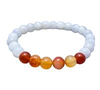 pietra preziosa naturale di selenite e corniola da 8 mm | forma rotonda, pietra dal taglio liscio | 7 pollici | gemma di colore bianco e arancione | braccialetto elastico energetico | LSB_02019