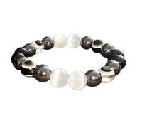 pietra preziosa naturale di tormalina nera, selenite ed ematite da 8 mm | forma rotonda, pietra dal taglio liscio | 7 pollici | gemma multicolore | braccialetto elastico energetico | LSB_00159