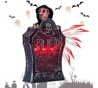 Pietra tombale con occhi luminosi, cimitero di Halloween davanti al cimitero - Decorazione con teschio luminoso in pietra tombale a LED per Halloween, decorazione spettrale e spaventosa per Halloween