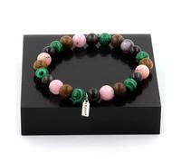 Bracciale Perle Opale Rosa + Ossidiana Nera + Malachite + Legno 8 Mm. Fabbricato
