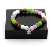 Braccialetto Perle Peridoto + Mica Viola Opaco +Howlite + Legno 8 Mm. Fatto IN