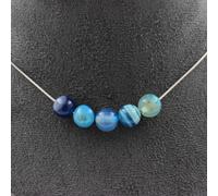 Pietre E Minerali. Collana 5 Perle Agata Striata Blu 8 Mm Catena In Acciaio