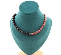 Pietre E Minerali. Collana Perle Rubino Del Brasile + Agata Nera 8 Mm. Catena