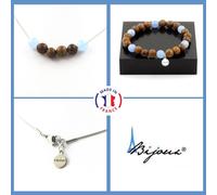 Pietre E Minerali. Set Bracciale Collana Perle Acquamarina + Legno 8 Mm. C