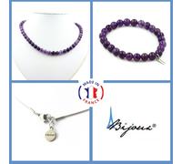 Parure Gioielli Braccialetto Collana Perle Ametista 8 Mm. IN Acciaio Taglia Pe