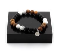 Pietre E Minéraux. Braccialetto Perle Howlite + Onice Nero Opaco + Legno 8 Mm.