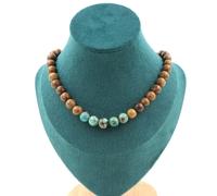 Collana Perle Crisocolla Da Namibia Qualità 7A + Legno 8 Mm. Catena Collana Fe
