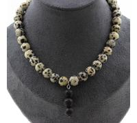 Pietre E Minéraux. Collana Perle Diaspro Dalmata 8 MM + 3 Perle Lava