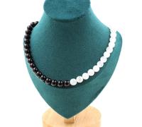 Pietre E Minéraux. Collana Perle Selenite Del Marocco + Agata Nero 8 Mm. Catena