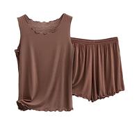 Pigiama a maniche corte da donna tinta unita comfort pigiami 2 pezzi canotta e pantaloncini da notte pigiama corto estivo donna - in cotone - due pezzi - con pantaloncini, marrone, XL