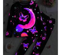 Pigiama a maniche lunghe con farfalle luminose per ragazze, comodo da indossare, con effetto luminescente sotto la luce UV (primavera/autunno) 8Y,9Y,10Y,11Y,12YFarfallaTessuto in maglia