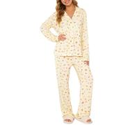 Pigiama a Maniche Lunghe con Stampa Floreale, Morbido e Comodo, Ideale per Stare in casa e per la Notte. Completo Due Pezzi. (Yellow, L)