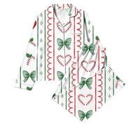 Pigiama a maniche lunghe da donna, set pigiama natalizio da donna | Pigiama natalizio a maniche lunghe, con bottoni, abbigliamento da notte festivo, con colletto, con tasca, da donna, in raso