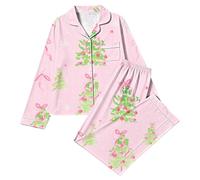 Pigiama a maniche lunghe da donna, set pigiama natalizio da donna | Pigiama natalizio a maniche lunghe, con bottoni, abbigliamento da notte festivo, con colletto, con tasca, da donna, in raso