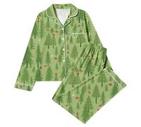 Pigiama a maniche lunghe da donna, set pigiama natalizio da donna | Pigiama natalizio a maniche lunghe, con bottoni, abbigliamento da notte festivo, con colletto, con tasca, da donna, in raso