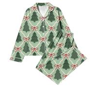 Pigiama a maniche lunghe da donna, set pigiama natalizio da donna | Pigiama natalizio a maniche lunghe, con bottoni, abbigliamento da notte festivo, con colletto, con tasca, da donna, in raso