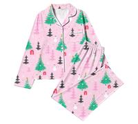 Pigiama a maniche lunghe da donna, set pigiama natalizio da donna | Pigiama natalizio a maniche lunghe, con bottoni, abbigliamento da notte festivo, con colletto, con tasca, da donna, in raso