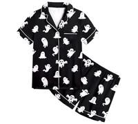 Pigiama a maniche lunghe, pigiameria Halloween per ragazze, stampa a pipistrello, pantaloncini a maniche corte, biancheria da notte, comodo design a righe per bambini, abbigliamento casual da notte