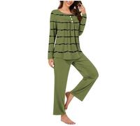 Pigiama a Righe Donne Invernale Curvy Leggero con Girocollo Pigiami Donna Invernali Caldo Cotone Moda Pigiama 2 Pezzi Sciolto Casual Morbido e Confortevole Maglia Lunga Pantaloni Pigiama Set Casa