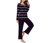 Pigiama a Righe Donne Invernale Curvy Leggero con Girocollo Pigiami Donna Invernali Caldo Cotone Moda Pigiama 2 Pezzi Sciolto Casual Morbido e Confortevole Maglia Lunga Pantaloni Pigiama Set Casa