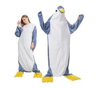 Pigiama a tutina con animale adulto unisex,coperta da notte indossabile con pinguino coccodrillo/squalo,Tutina con Animali dei Cartoni,costumi di Halloween interi pigiami da festa (Penguin-Blue,L)