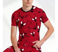 Pigiama aderente per ragazzo teenager, composto da top a maniche corte nero con stampa di supereroi e pantaloncini con stampa di controller di gioco su tutto il capo, adatto per l'estate 8Y,9Y,10Y,11Y