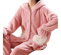 Pigiama caldo invernale da donna | Biancheria da notte e pantaloni in flanella da donna - Bella camicia da notte con cappuccio e orecchie di coniglio abbigliamento invernale Huiba, Rosa, XL