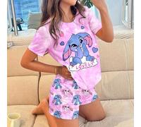 Pigiama casual da ragazza con pantaloncini, a maniche corte, collo tondo, con stampa di coniglio blu carino Lulu, motivo Stitch, Tintura a nodi azzurro cielo fresco, adatto per l'estate, rilassante, o