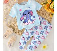 Pigiama casual e comodo con pantaloni e top a maniche corte, con stampa di coniglietto blu Lulu, motivo Stitch, Tintura a nodi azzurro, adatto a tutte le stagioni, vestibilità aderente, comodo, casual