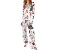 Pigiama con albero di Natale Pigiama di Natale per le donne Carino Cartoon Pattern Sleepwear Lovely Santa Sleepwear Classic Button Nightwear Cozy Home Nightwear Super Soft Shirt Loungewear Divertente