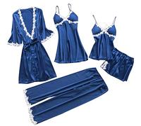 Pigiama con Bottoni Donna Donne Lingerie Robes Set Pizzo Collo Deep-V 5 Pezzi Sexy Giarrettiera Body Donna Sleepwear Tuta Intera Donna Pigiama Pyjama Donna Lovable (Blue, S)