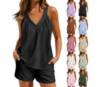 Pigiama corto da donna, due pezzi, elegante, monocromatico, con top con scollo a V e pantaloncini estivi, senza maniche, in mussola, set di loungewear comodo, Aaa-nero., XL