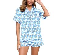 Pigiama corto da donna, estivo, set da 2 pezzi, con camicia da notte, a maniche corte e pantaloncini, biancheria da notte, con bottoni, pigiama Pjama per dormire, Blu, S