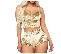 Pigiama corto da donna, estivo, set da 2 pezzi, con pantaloncini da notte e spalline, senza maniche, corto, pigiama elegante, pigiama per dormire, gold, XL