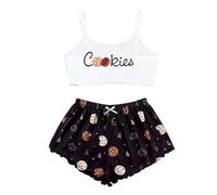 Pigiama corto da donna, estivo, set da 2 pezzi, con top, senza maniche e pantaloncini, pigiama corto, bianco, S