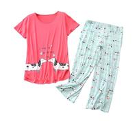 Pigiama corto da donna, estivo, set di biancheria da notte, in due pezzi, in cotone, per la casa, per ogni notte, Rosso anguria., S