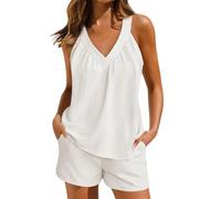 Pigiama corto da donna in due pezzi elegante, monocromatico, con top con scollo a V e pantaloncini estivi senza maniche, set di pigiami in mussola, comodo set per il tempo libero, bianco, XXL