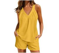 Pigiama corto da donna, in due pezzi, elegante, tinta unita, 2 pezzi, con scollo a V, Cami Top e pantaloncini, estivo, senza maniche, per il tempo libero, in mussola, set comodo da lounge, giallo., L