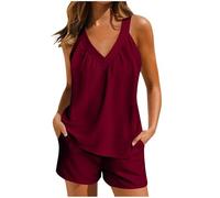 Pigiama corto da donna, in due pezzi, elegante, tinta unita, 2 pezzi, con scollo a V, Cami Top e pantaloncini, estivo, senza maniche, per il tempo libero, in mussola, set comodo da lounge, RD1, XXL
