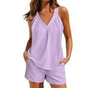 Pigiama corto da donna, in due pezzi, elegante, tinta unita, 2 pezzi, con scollo a V, Cami Top e pantaloncini, estivo, senza maniche, per il tempo libero, in mussola, set comodo da lounge, Lilla, XXL