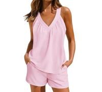 Pigiama corto da donna, in due pezzi, elegante, tinta unita, 2 pezzi, con scollo a V, Cami Top e pantaloncini, estivo, senza maniche, per il tempo libero, in mussola, set comodo da lounge, Colore
