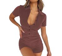 Pigiama corto da donna, tuta da donna, elegante, a maniche lunghe, Y2K, tuta intera sportiva, con scollo a V, Bodycon Comfort Fit Pigiama Onesie Jumpsuit Stretch Pigiama pagliaccetto da spiaggia,