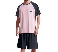 Pigiama corto da uomo, estivo, girocollo, patchwork, pigiami in cotone, camicia da notte per uomo, due pezzi, maglietta da notte e pantaloni da notte, Colore: rosa., 3XL