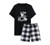 Pigiama corto da uomo, oversize, in cotone con tasche, morbido, comodo, per l'estate con scollo a O, maglietta + pantaloncini a quadretti, 2 pezzi, per il tempo libero, set casual, Nero , XS