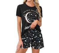 Pigiama Corto Estivo per Donna, Pigiami Notte in Cotone, Due Pezzi Maglietta Manica Corta e Pantaloncini Stelle con Tasche, Abbigliamento Casa Morbido e Fresco per Donna ( Nero, S )